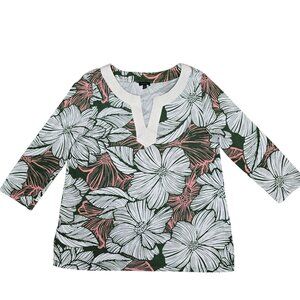 Talbots Womens Floral Print Green & Pink 3/4 Sleeve Top Size M Cotton/Modal